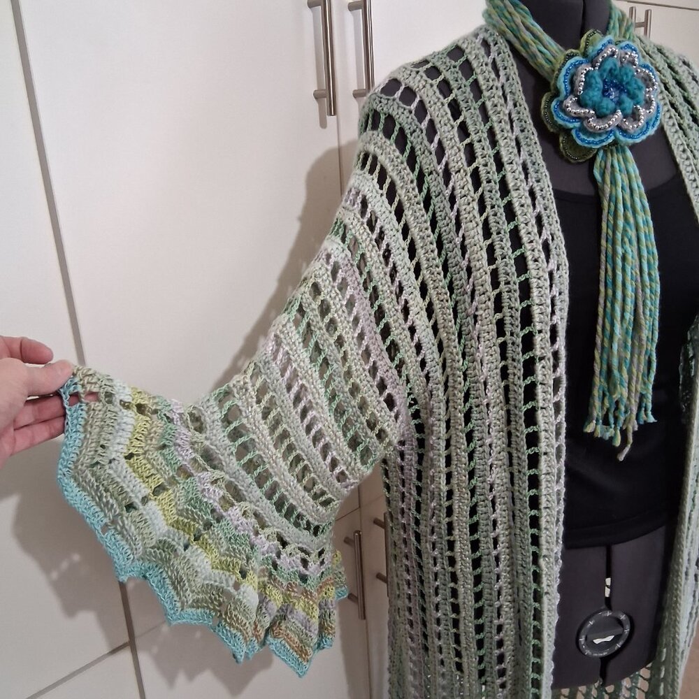 Light Green Mesh Boho Long Ruffle Edge Sweater Large xl - Picture 8 of 9
